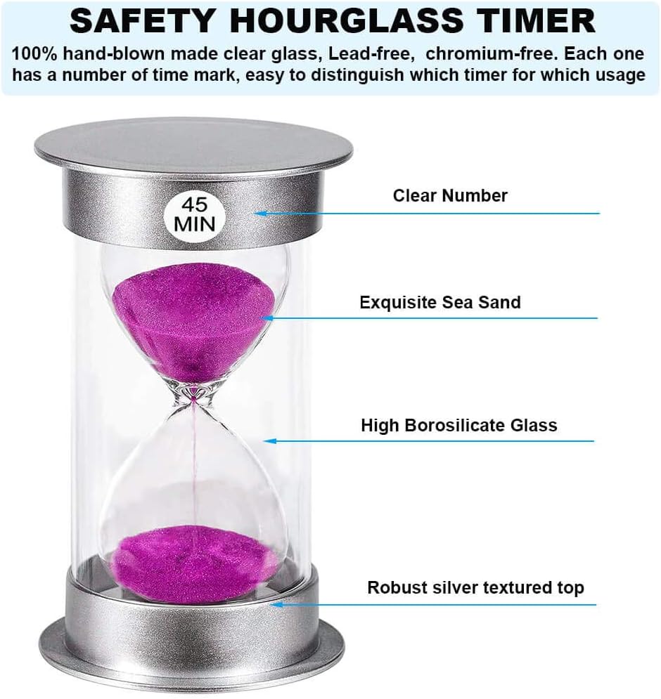 Sand Timer 45 Minute Hourglass Timer, Silver Sand Clock 45 Minutes, Plastic Sand Watch 45 Min, Hour Glass Sandglass Timer for Kids, Games, Classroom, Kitchen, Decorative (45 Min, Purple Sand)