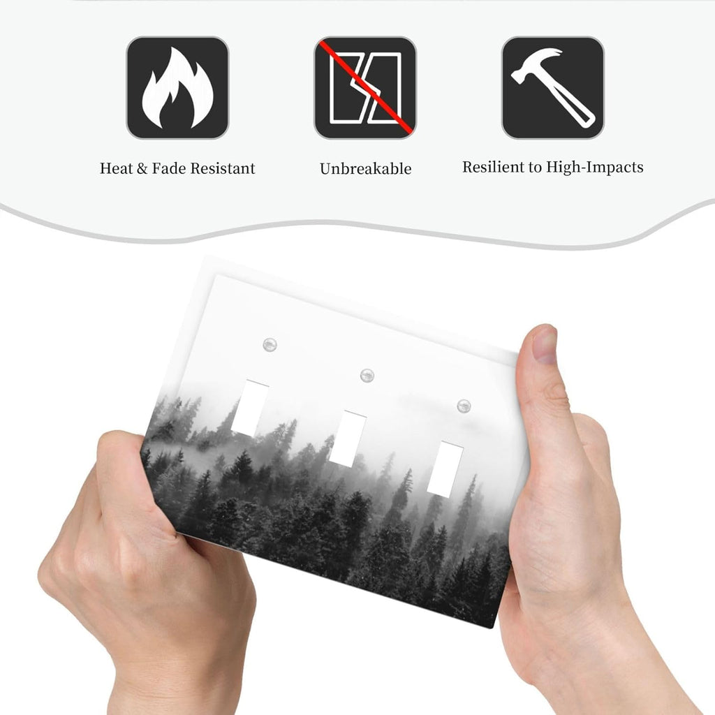 Decorative Switch Plates Fores Black White Landscape Misty Woods 3 Gang Wall Plate Triple Toggle Light Switch Cover Faceplate Electrical Wall Panels For Farmhouse Cabin Decor