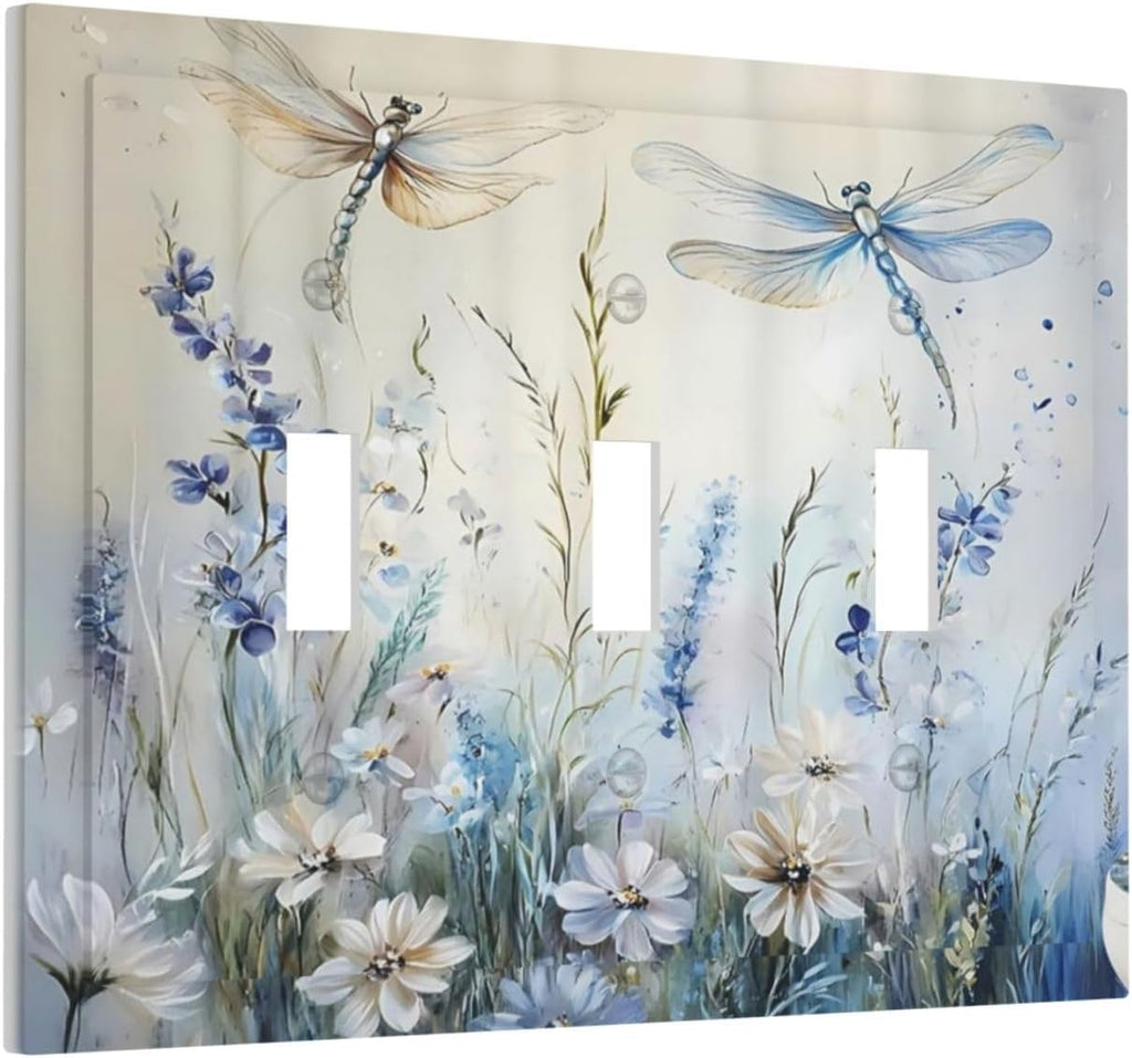 Decorative Light Switch Cover Plate Watercolor Dragonfly Blue Wihte Flower 3 Gang Wall Plates for Electrical Outlets Triple Toggle Switch Plate Covers Outlet Covers Faceplate for Home Decor