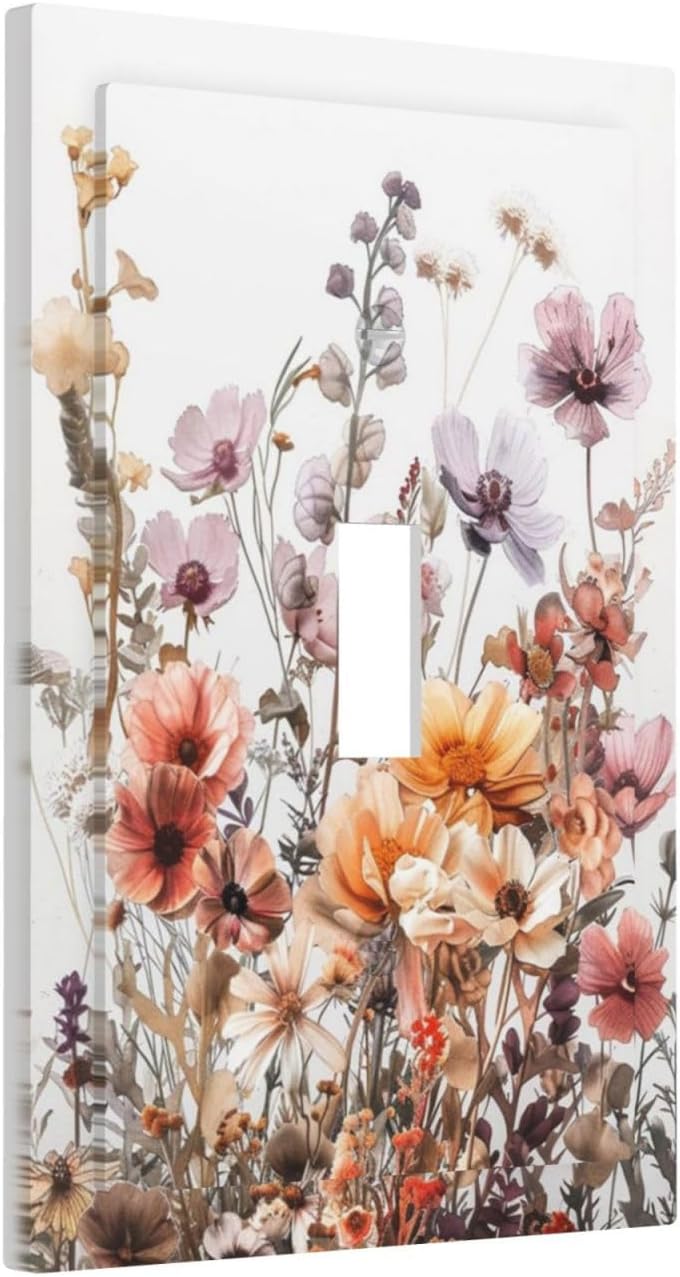Boho Nursery Wildflower Flora Vintage Flower Decorative Light Switch Cover 1 Gang Single Toggle Device Electrical Faceplate Switchplates Decorator Outlet Wall Plate for Bedroom Living Room Decor