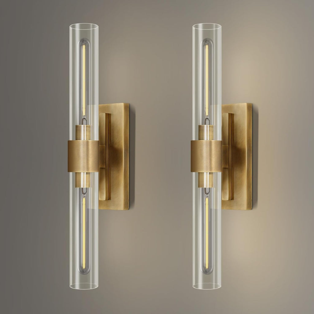 YUYI Brass Wall Sconces Set of Two, 22.8'' Gold Bathroom Sconces Wall Decor with Clear Glass Shade, Indoor Vanity Wall Lights for Bathroom Living Room Bedroom Hallway Fireplace Staircase