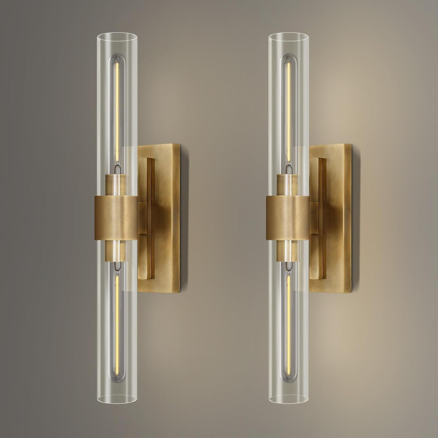 YUYI Brass Wall Sconces Set of Two, 22.8'' Gold Bathroom Sconces Wall Decor with Clear Glass Shade, Indoor Vanity Wall Lights for Bathroom Living Room Bedroom Hallway Fireplace Staircase