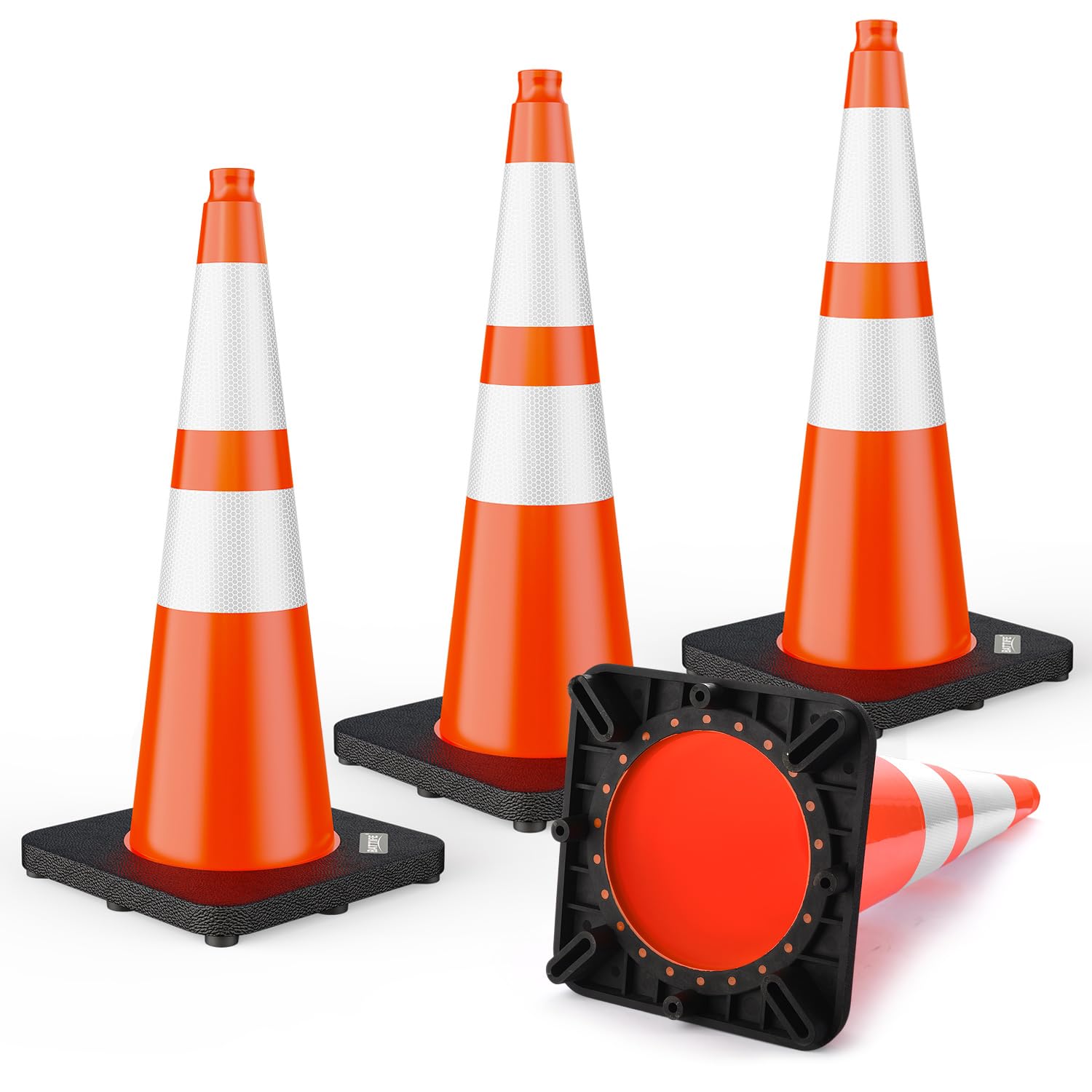 BATTIFE 28 Inch Traffic Cones with Black Weighted Base, PVC Orange Safety Cones for Traffic Control, Construction Events, Driveways, and Parking Lots (4 Pack)