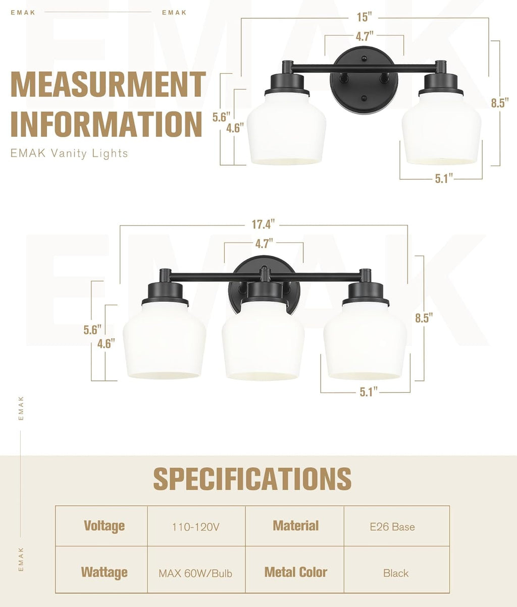 Emak 2-Light Vanity Light, Modern Farmhouse Black Bathroom Fixture Over Mirror With Milk Glass Shade, VL122-BK-ML-2