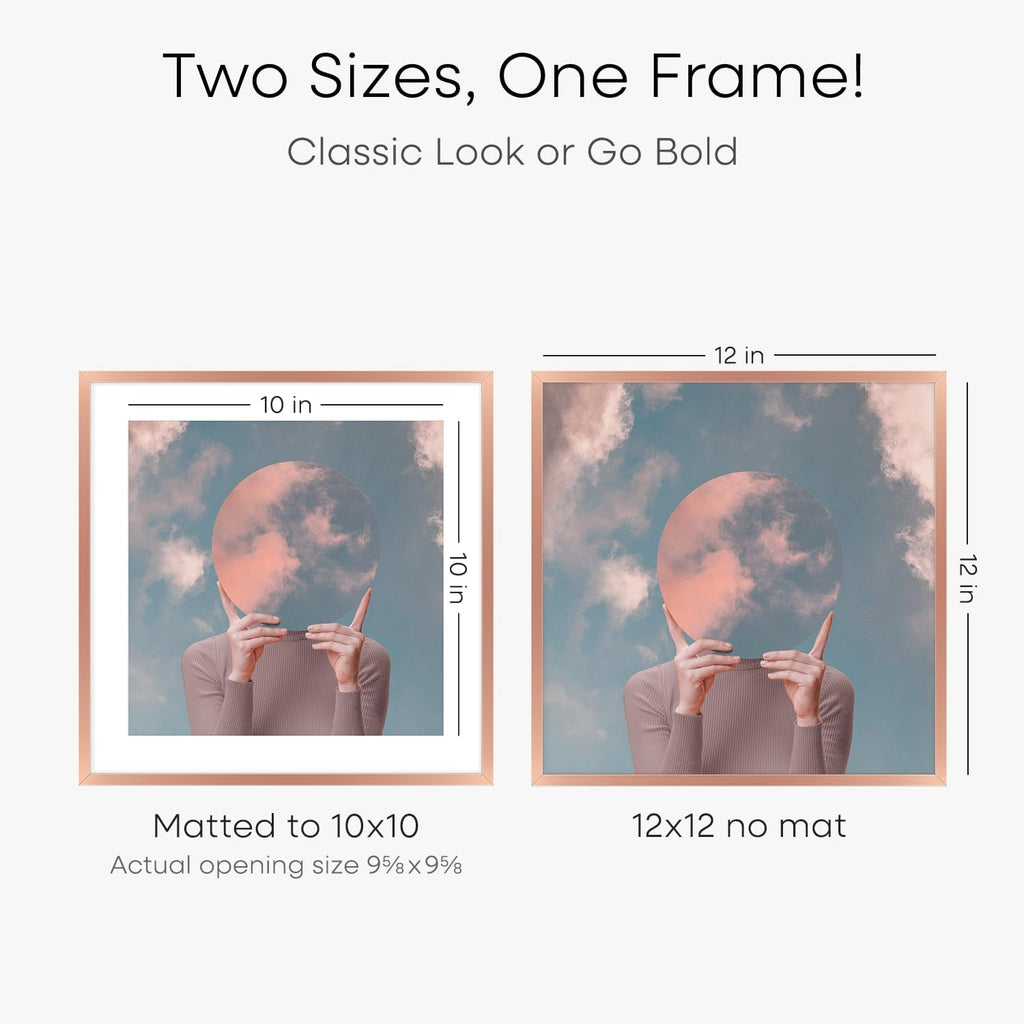 Homeforia 12x12 Picture Frame Rose Gold, High End Metal 12 x 12 Square Poster Frame with Mat 10 x 10 Photo, 12x12 Frame Matted to 10x10 Print, 12by12 Hanging Frames, Tempered Glass, Wall Kit, Set of 1
