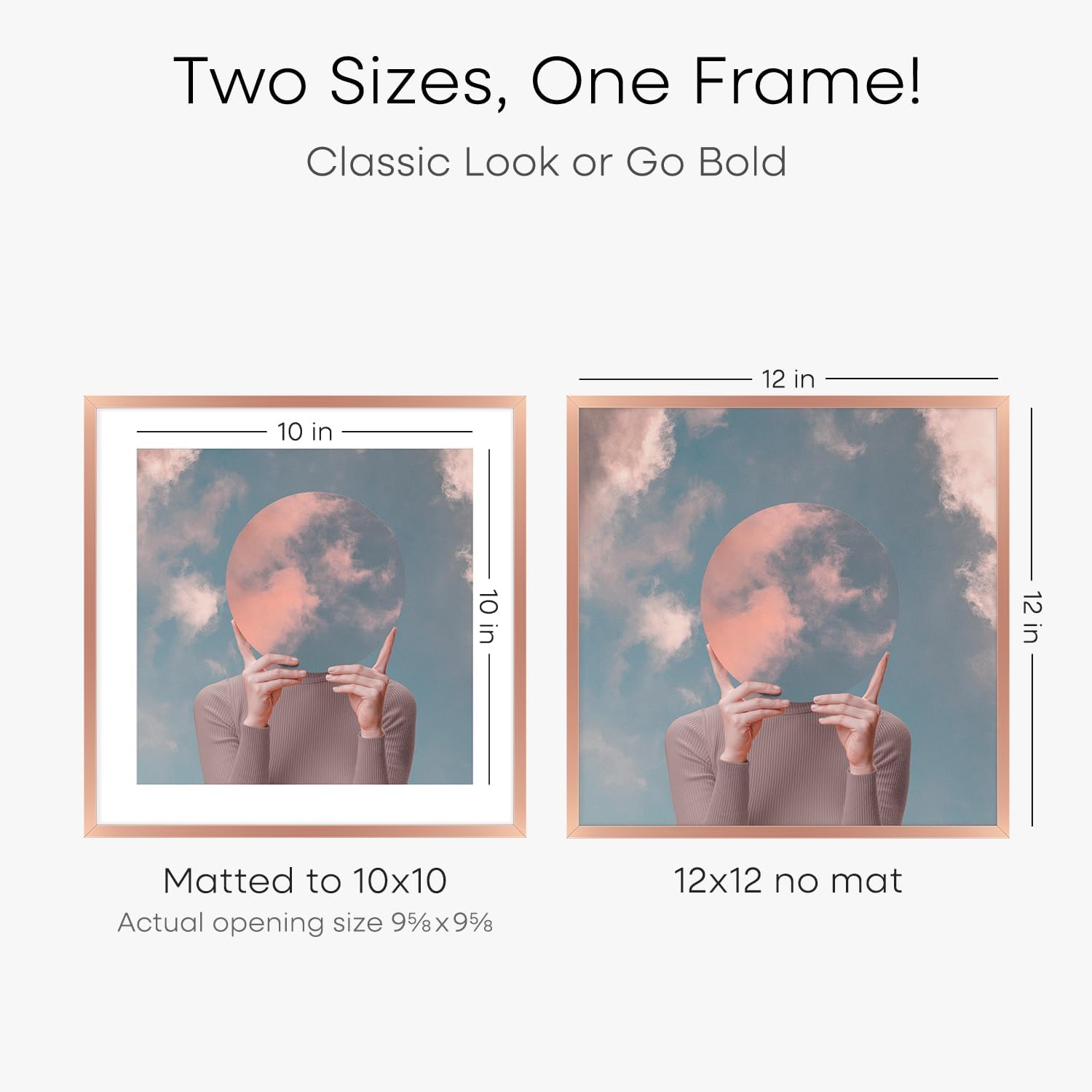 Homeforia 12x12 Picture Frame Rose Gold, High End Metal 12 x 12 Square Poster Frame with Mat 10 x 10 Photo, 12x12 Frame Matted to 10x10 Print, 12by12 Hanging Frames, Tempered Glass, Wall Kit, Set of 1