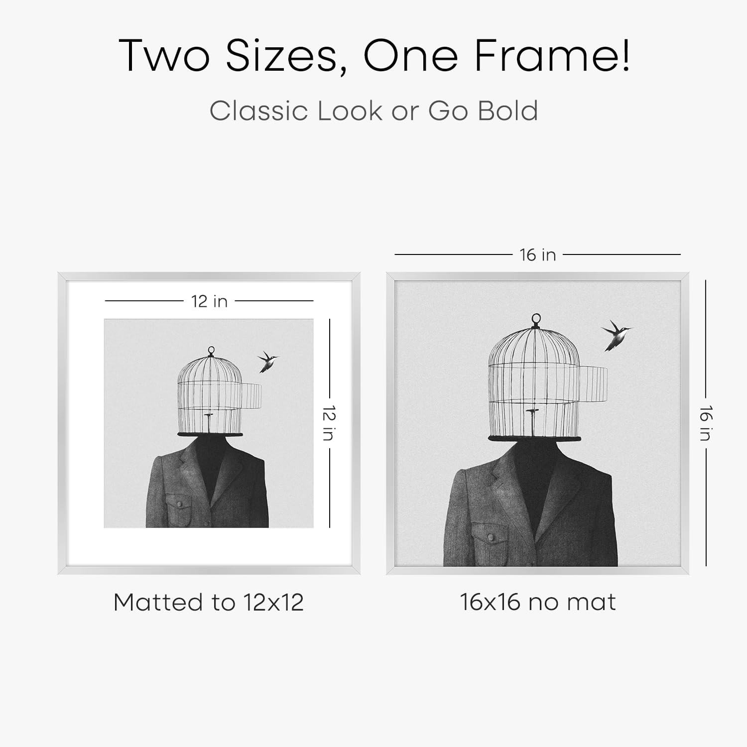 Homeforia 16x16 Silver Picture Frame, High End Metal 16 x 16 Square Frame with Mat 12 x 12 Photo, 16x16 Poster Frames Matted to 12x12 Print, 16 by 16 Hanging Frames, Tempered Glass, Wall Kit, Set of 1