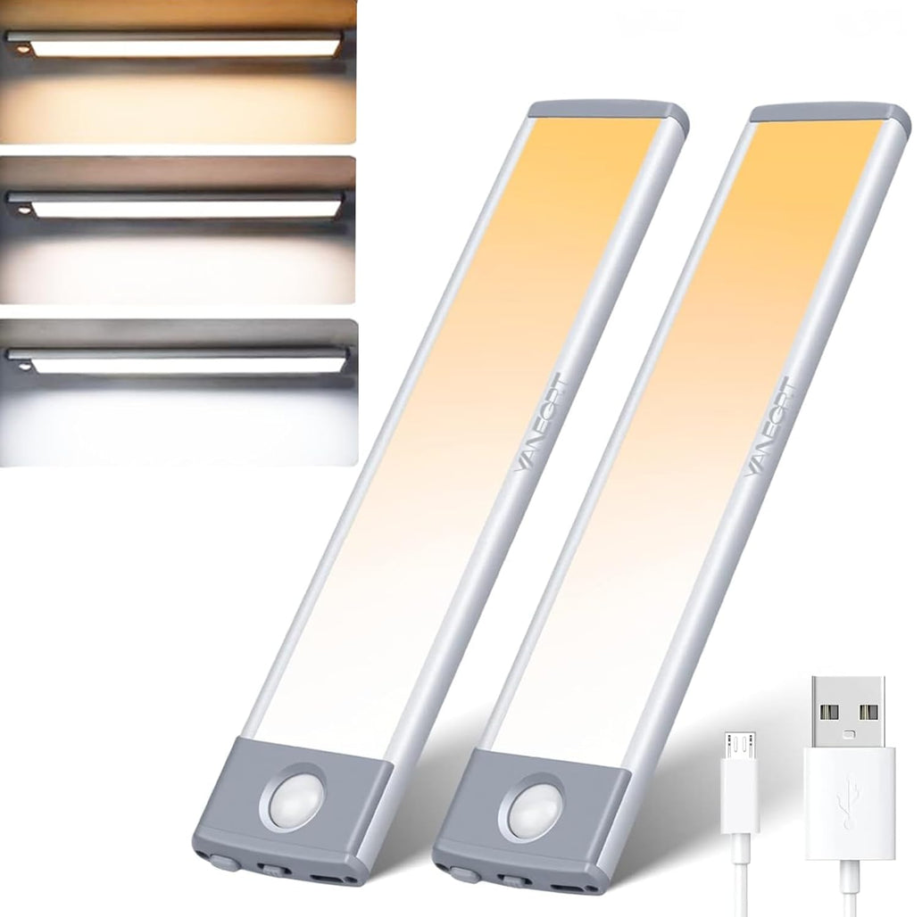 Under Cabinet Lights 2-Pack, Motion Sensor Indoor LED - 3 Color Dimmable, Rechargeable 1700mAh Battery, Wireless Magnetic Easy Install for Kitchen, Closet & Pantry