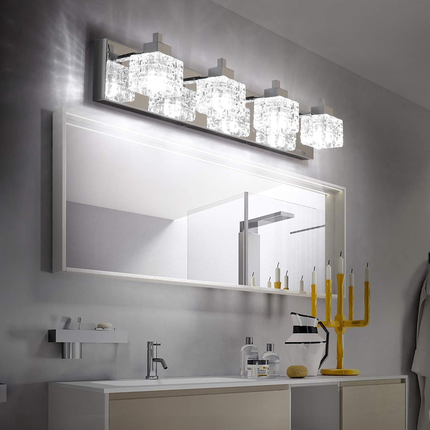 TRLIFE Bathroom Vanity Light Fixtures, 26inches Crystal Vanity Light Fixture Modern Bathroom Lights Over Mirror 4 Lights Vanity Light for Bath Room