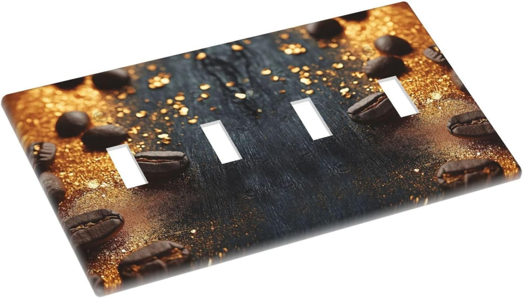 Decorative Light Switch Cover Plate Black Wood Board Gold Dust Coffee Beans 4 Gang Wall Plate Oversized Quad Toggle Switch Cover Plate Jumbo Face Plate for Home Decor