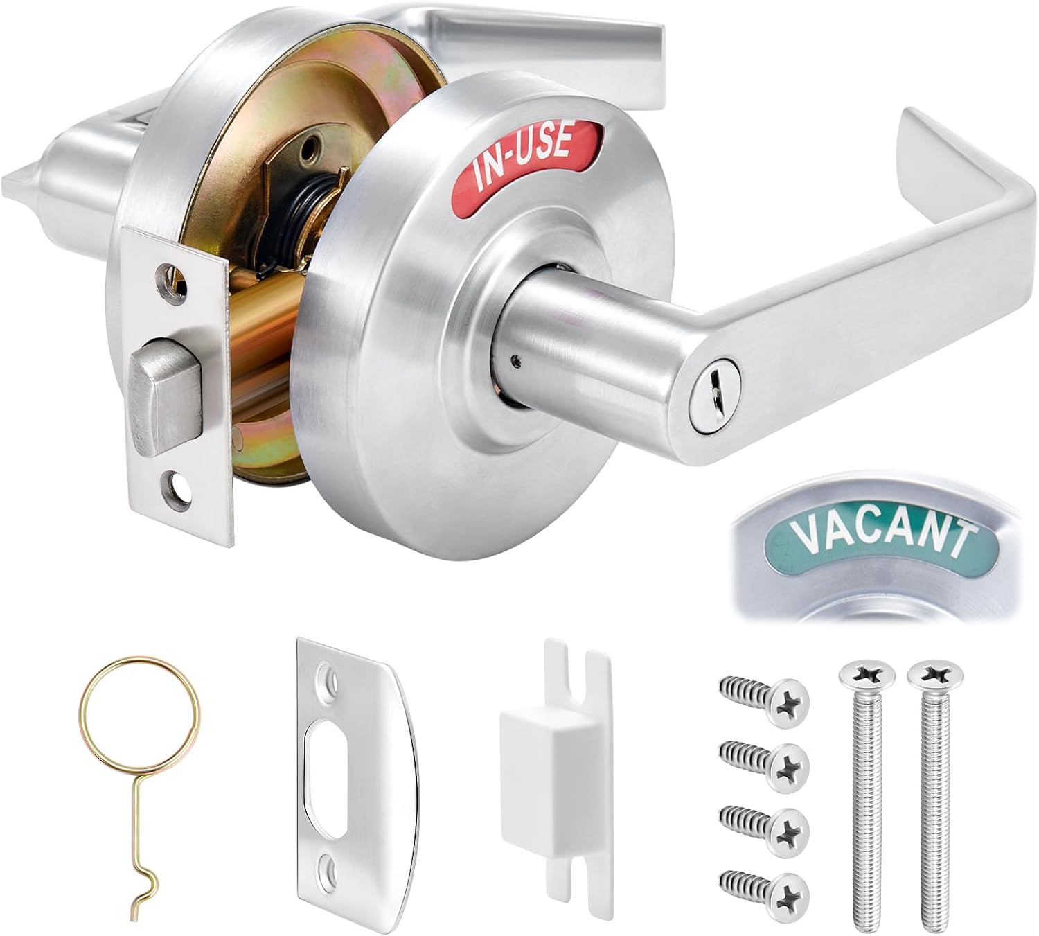 Tandefio 2 Set Vacant Occupied Bathroom Lock, Commercial Door Handle with in-use or Vacancy Occupied Deadbolt, Privacy Indicator Restroom Handle Lock for Restrooms, Satin Chrome (90 mm,Silver)