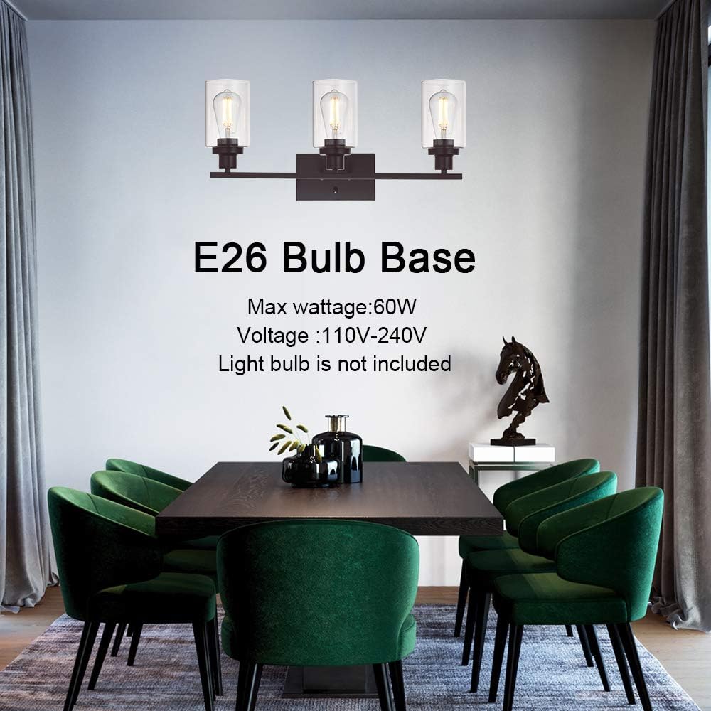 MELUCEE 3 Light Bathroom Vanity Light Oil Rubbed Bronze, Industrial Wall Light Fixture with Clear Glass Shade Sconces for Bedroom Porch Kitchen Living Room (Patent No.: US D963914 S)
