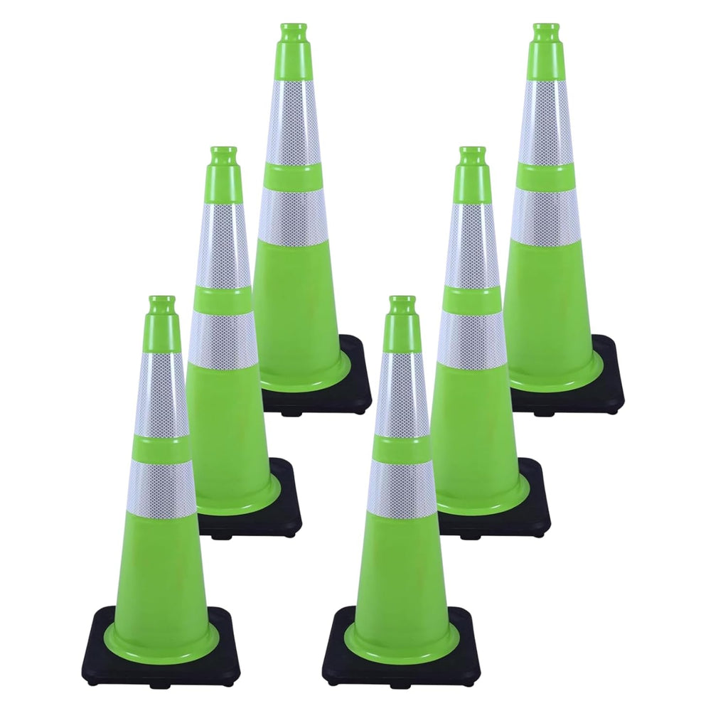 6 Pack 28 Inch Green Traffic Cones with Reflective Strips, Heavy Duty Black Base Cones for Outdoor Events, Driveways and Construction Zones (6, Green, 28 Inch)