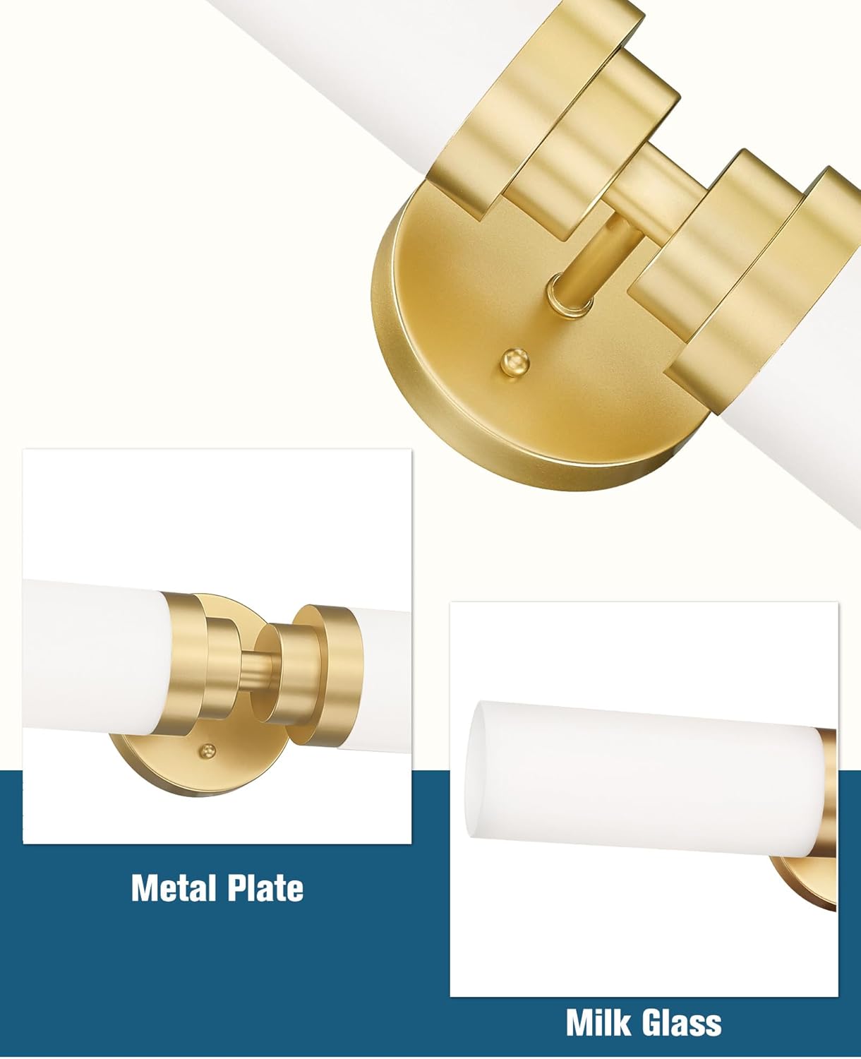 Emak 22 Inch Gold Bathroom Light Fixtures Over Mirror, 2 Light Bathroom Vanity Light with Milk Glass Shade, Modern Wall Sconce Set of Two for Bath, Hallway, VL085-GDL-ML-2-2PK