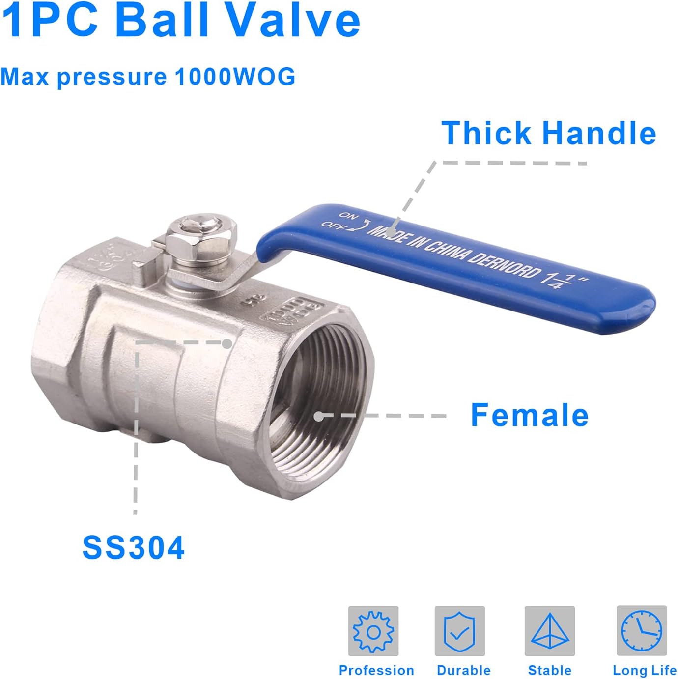 DERNORD Stainless Steel Ball Valve 1PC Type 1.25 Inch NPT Standard Port for Water, Oil, and Gas (Pack of 2)