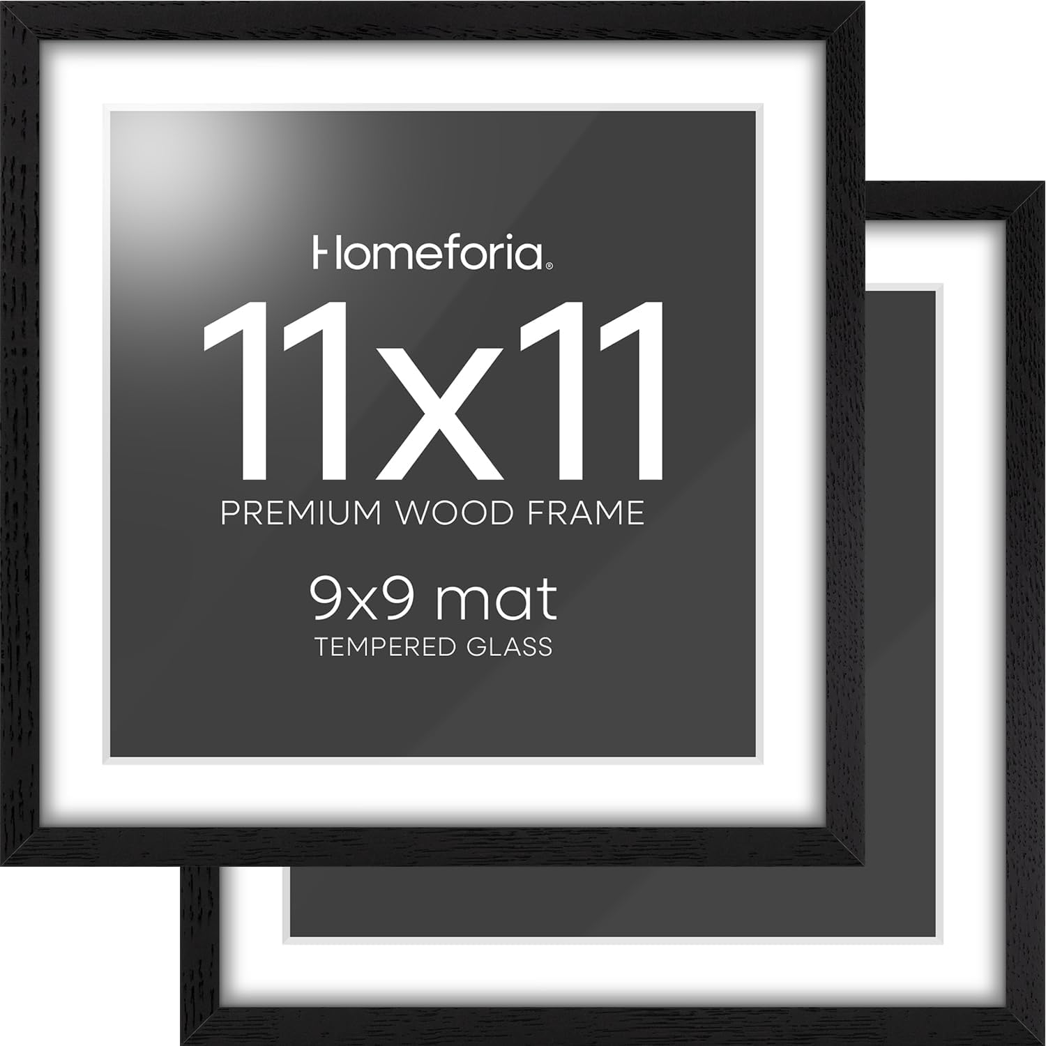 Homeforia 11x11 Black Wood Frame, High-End Oak 11 x 11 Square Picture Frames with Mat 9 by 9 inch Photo, 11by11 Wooden Frame Matted to 9x9 Art, Wall Hanging Frames, Tempered Glass, Wall Kit, Set of 2