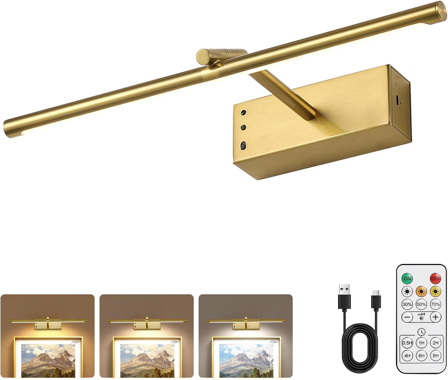 Joosenlux modern brass picture light - 16in rechargeable wireless wall lights with Remote, adjustable Swing Arm, dimmable 3cct battery operated lamp for art Display, photo gallery canvas and paintings