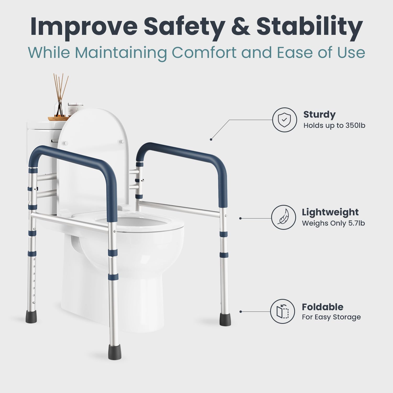 PELEGON Toilet Safety Rails (350 lb) - Adjustable Toilet Safety Frame & Rails, Toilet Safety Rail for Elderly Adults, Toilet Handles for Seniors, Toilet Bars for Elderly, Disabled & Handicap - Grey