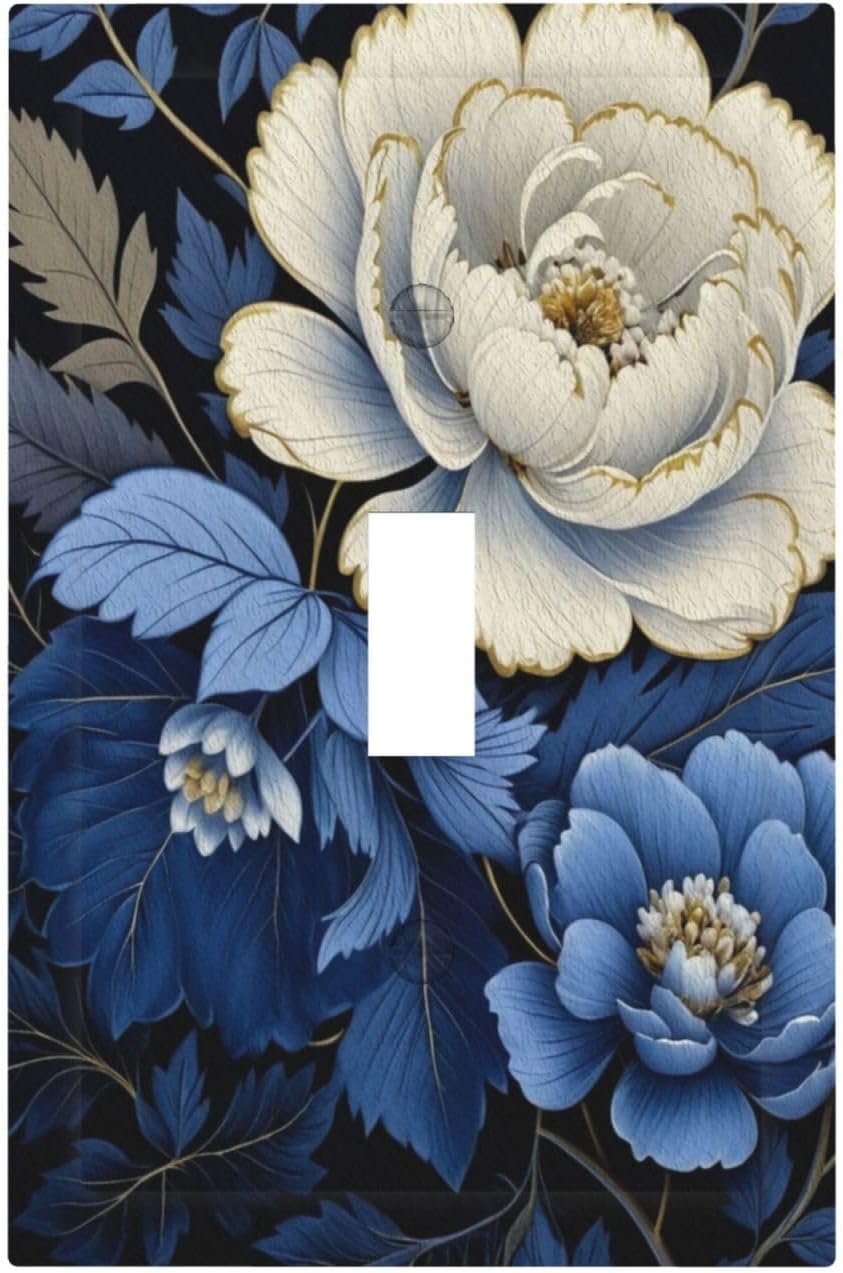 Blue White Flowers Light Switch Covers 1 Gang Single Toggle Wall Plate Decorative Switchcover Electrical Switchplate for Country Living Decor
