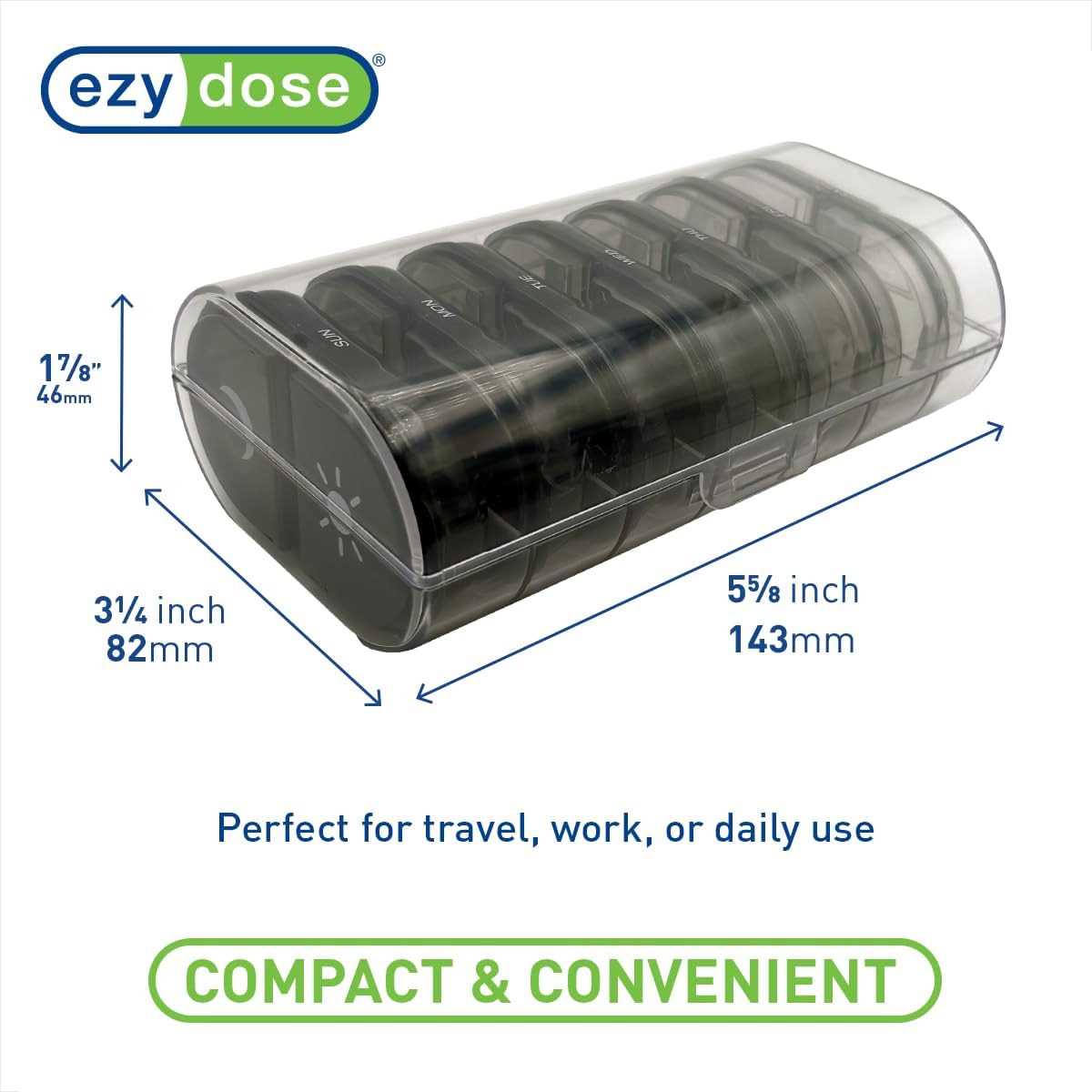 EZY DOSE Weekly (7-Day) Daily Individual AM/PM Pill Organizer with Case, Portable Medication Dispenser, Travel-Friendly Durable Pill Container, 2X Day Compartments for Vitamins and Supplements, Black