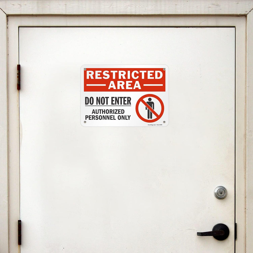 SmartSign 7 x 10 inch “Restricted Area - Do Not Enter, Authorized Personnel Only” Sign with Symbol, Digitally Printed, 55 mil HDPE Plastic, Red, White and Black, Made in USA