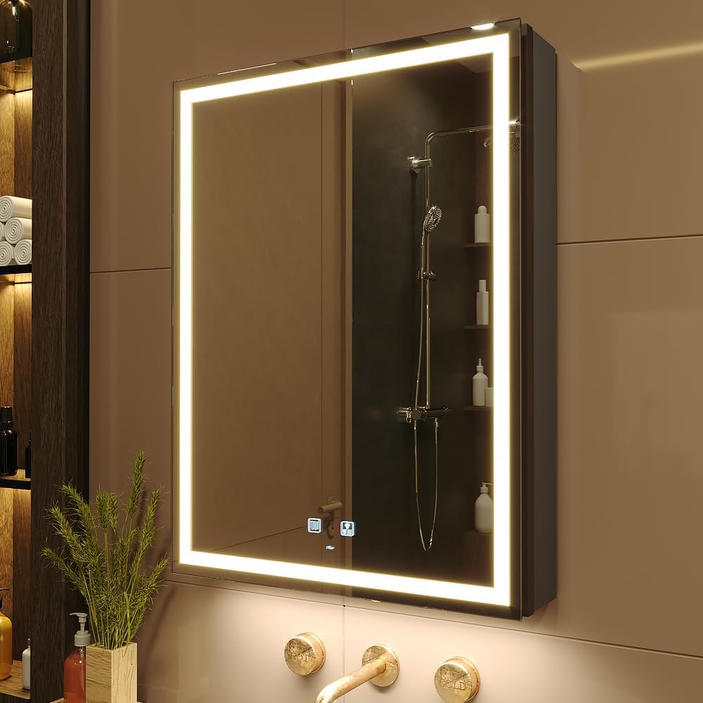 KWW LED Lighted Bathroom Medicine Cabinet with Sockets & USBs, Defogger, Dimmable, 3 Color Light Makeup Mirror, Easy to Install, Wall Mounted Cabinet (Left hinge-20 * 28)