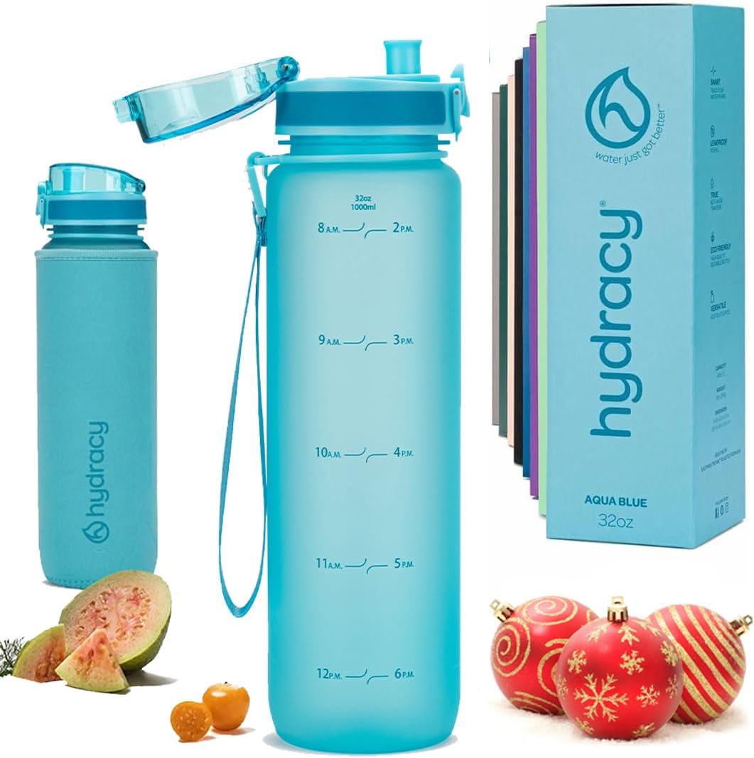 Hydracy Water Bottle with Time Marker -Large BPA Free Water Bottle & No Sweat Sleeve -Leak Proof Gym Bottle with Fruit Infuser Strainer & Times to Drink -Ideal for Fitness Sports & Outdoors