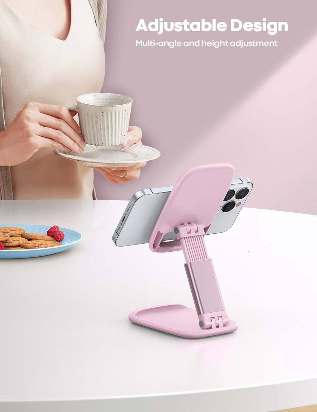Lamicall Pink Phone Holder, Desk Accessories - Rose Gold Pink Office Cell Phone Holder, Desktop, Office Desks Accessories, Desk Decor for Women, for iPhone, 4-8'' Phone