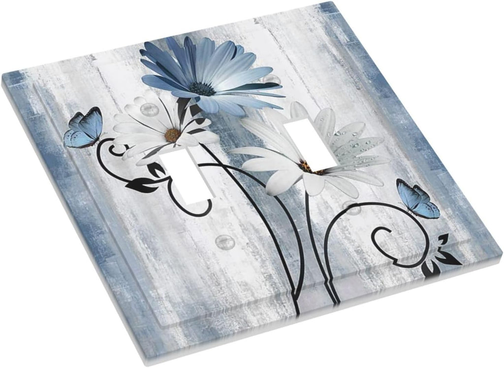 Decorative Light Switch Cover Plate Rustic Blue White Daisy Ink Flower 2 Gang Outlet Covers Double Toggle Wall Plates for Electrical Outlets Switch Plate Covers for Bedroom Home Decor
