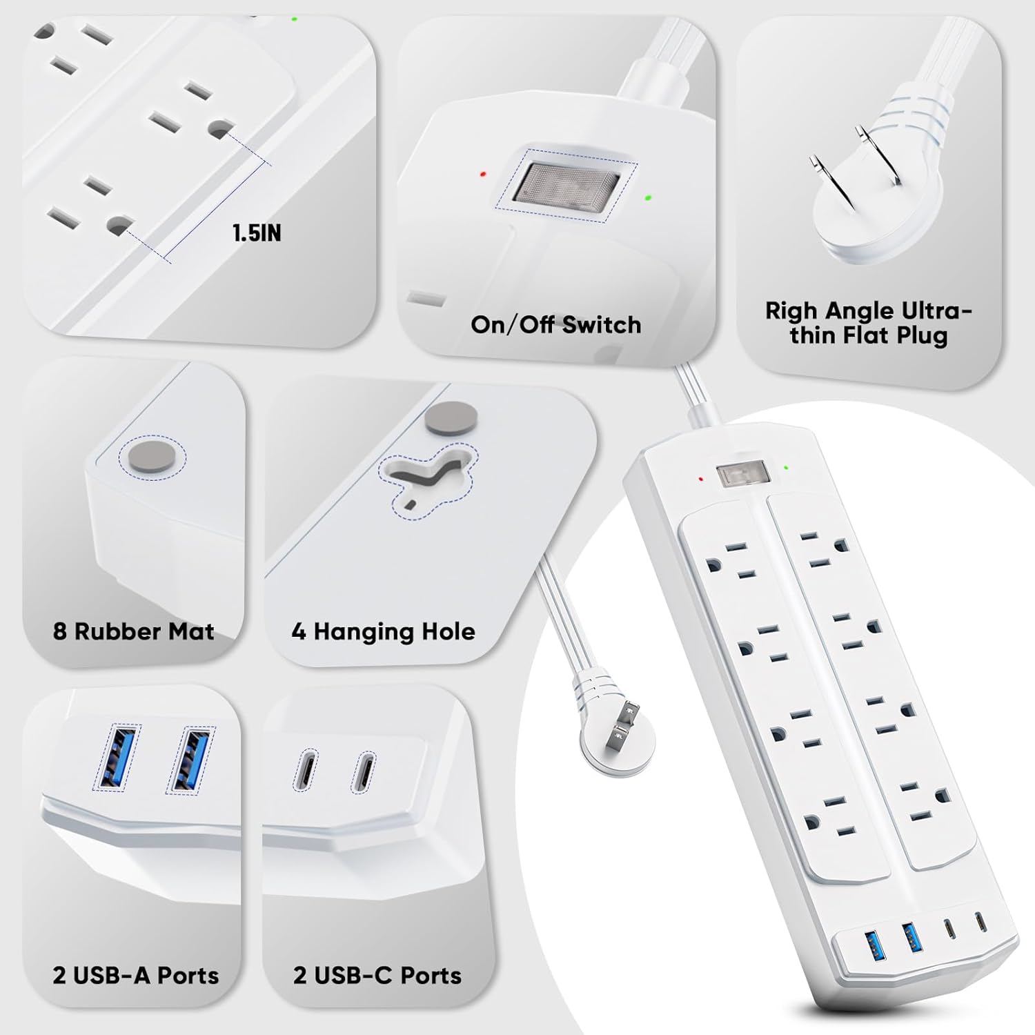 2 Prong Power Strip, Yozisital 2 Prong to 3 Prong Outlet Adapter, 5FT Extension Cord with Polarized Plug, 1200J Surge Protector, 8 AC Outlets & 4 USB, Wall Mountable, Ideal for Non-Grounded Outlets