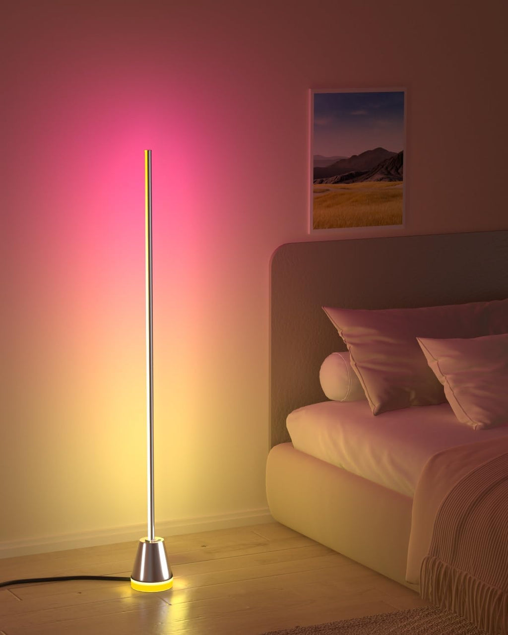 Keepsmile Smart RGB LED Corner Floor Lamp, Bright Standing Lamps for Living Room with APP and Remote,Modern Floor Lamp with Music Sync and 16 Million Colors, Ambient Light for Bedroom Silver