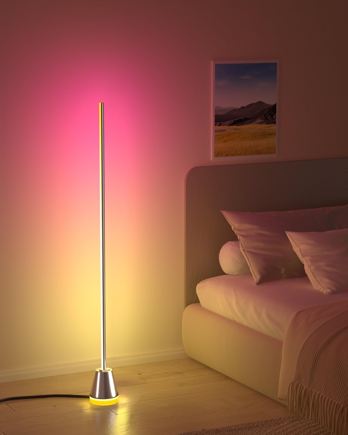 Keepsmile Smart RGB LED Corner Floor Lamp, Bright Standing Lamps for Living Room with APP and Remote,Modern Floor Lamp with Music Sync and 16 Million Colors, Ambient Light for Bedroom Silver