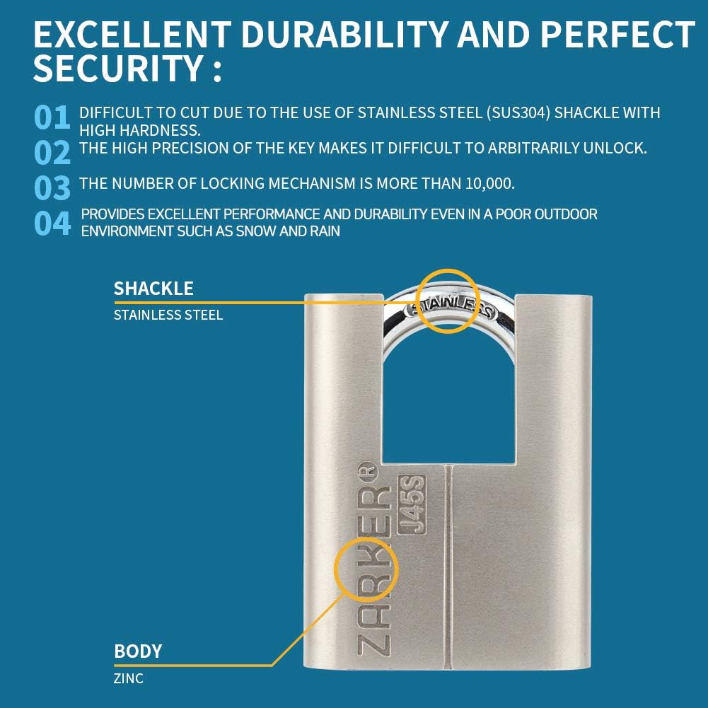 J45S keyed Alike Padlocks, Heavy Duty Stainless Steel Shackle Lock, 18 Keys, Waterproof and Rustproof Storage, Warehouses, Garage, Outdoors, 6-Pack