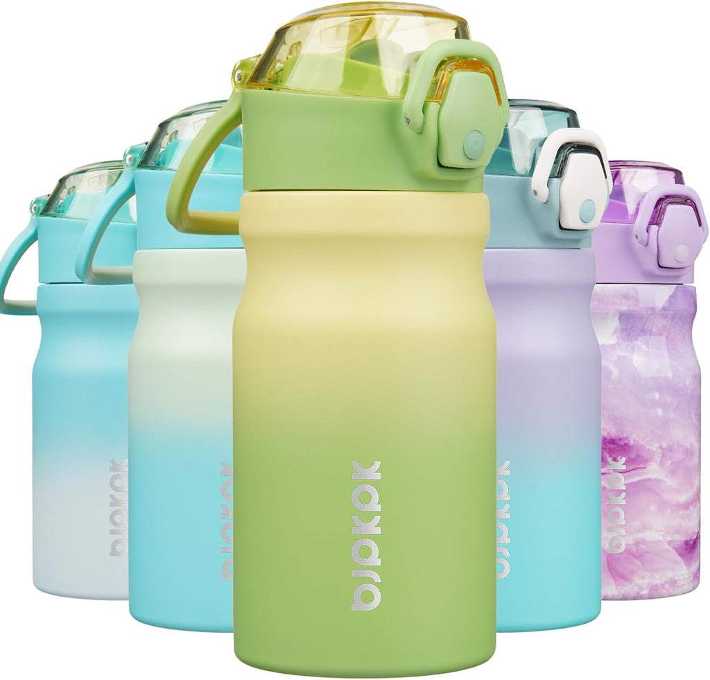 BJPKPK Water Bottle with Straw 14oz Insulated Water Bottles Reusable Stainless Steel Metal Thermal Flask with Leak Proof Lockable Lid and Carry Handle,Lime