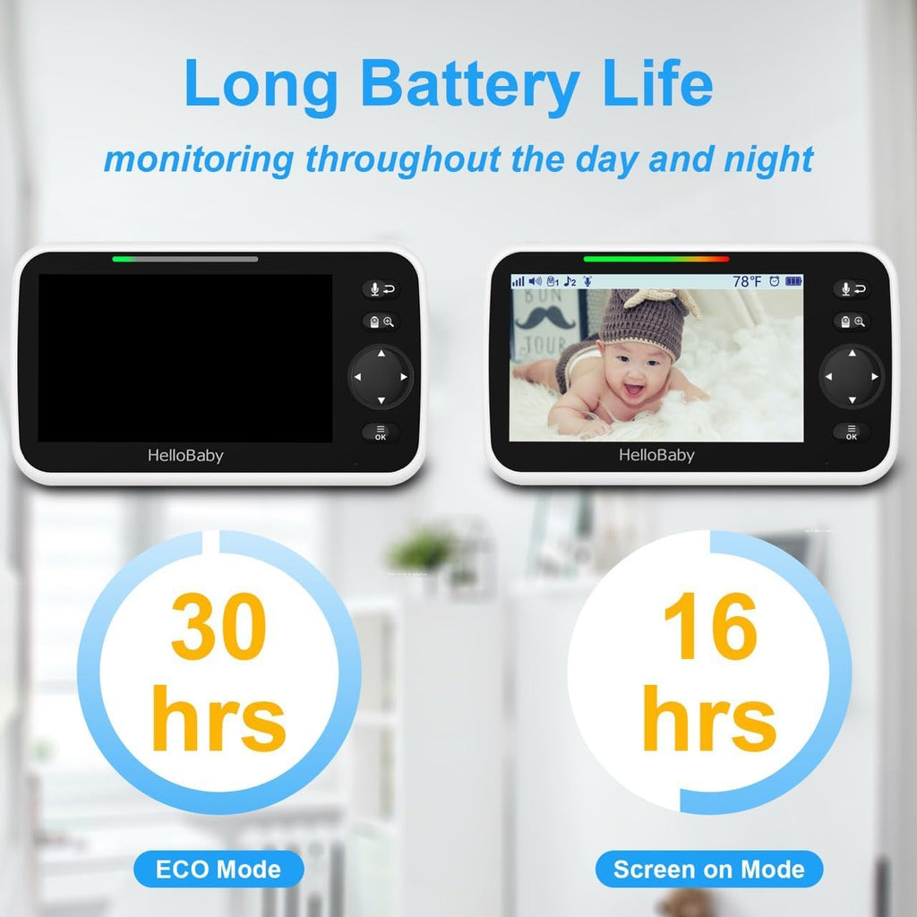 HelloBaby 5" Screen Baby Monitor with 4 Cameras - No WiFi HB6550 Video Baby Monitor, Pan-Tilt-Zoom, 26 Hour Battery, ECO, Night Vision, Temperature Sensor & 2-Way Audio, 8 Lullabies, 1000ft Long Range