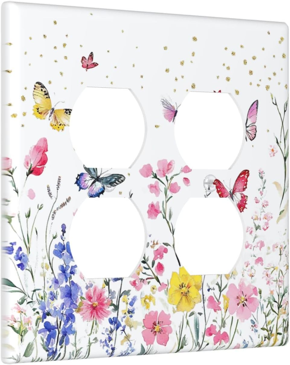 Outlet Covers Watercolor Floral Butterfly Colorful Wildflower 2 Gang Double Duplex Decorative Light Switch Covers Electrical Wallplates Socket Faceplate For Bed Room Living Room Decor