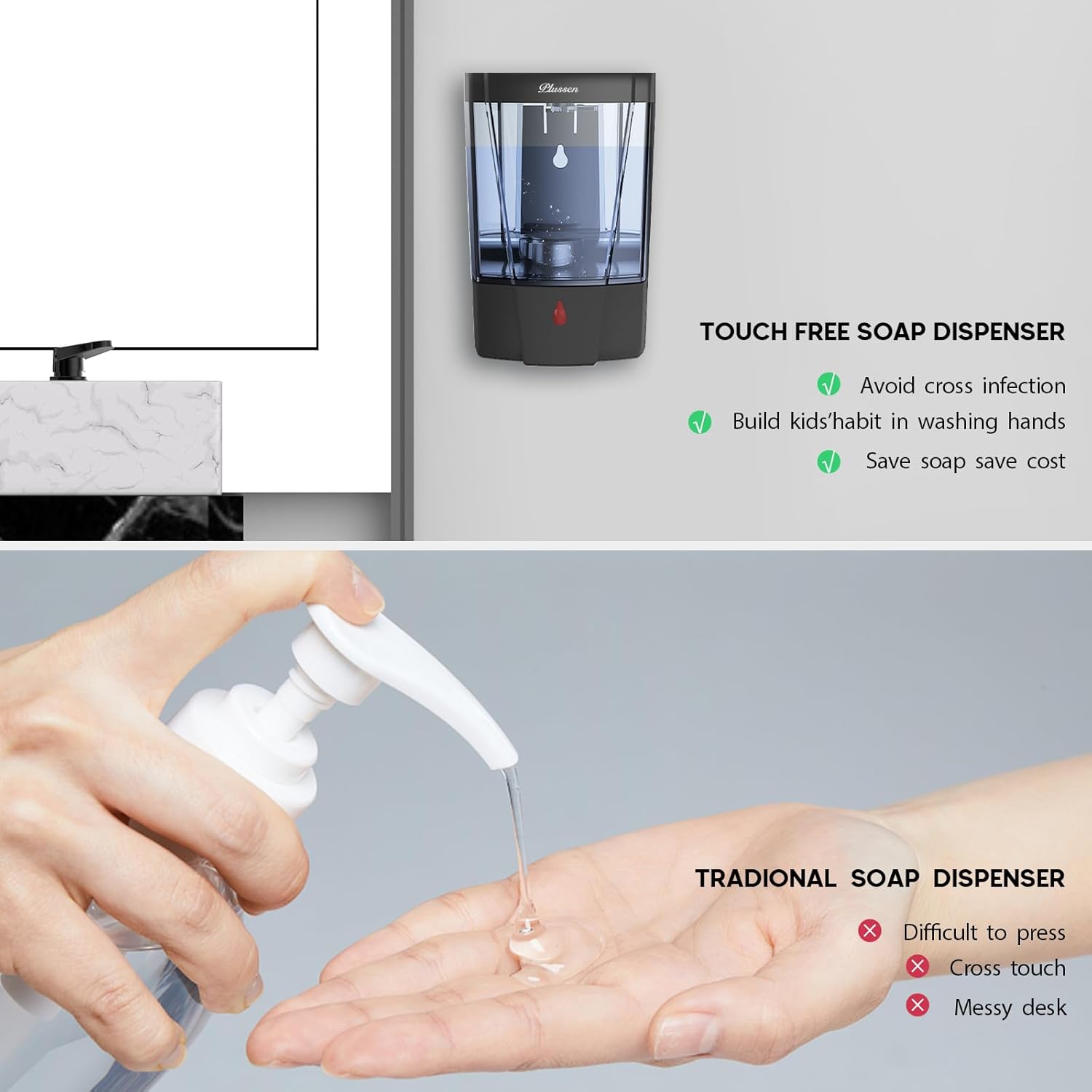 Soap Dispenser Wall Mount, Automatic Hand Sanitizer Dispenser 600ml Gel n Liquid Touchless Commercial Wall Soap Dispenser for Bathroom,Black-600ml