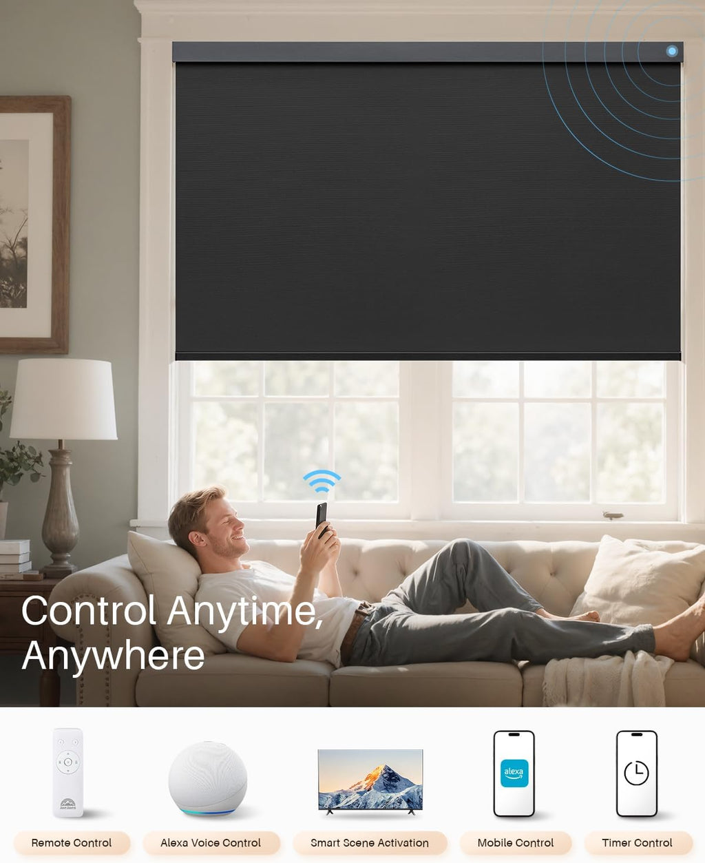 Smart Roller Shades for Windows, Alexa Blackout Motorized Blinds with Remote Control, Easy Install Automatic Electric Blinds for Indoor (40" W x 72" H, Black)