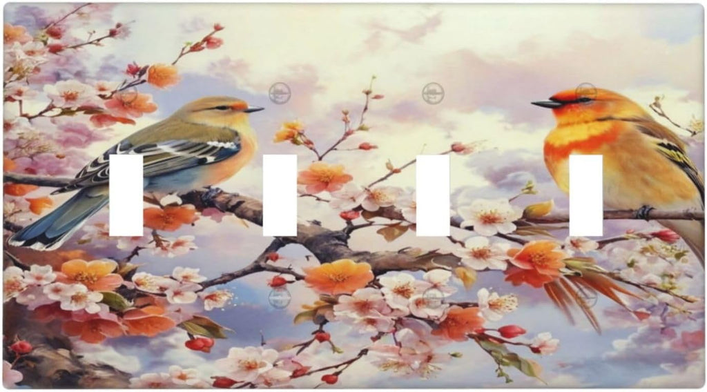 Birds Sitting on Flowers Tree Branch Light Switch Covers Quad Toggle 4 Gang Wall Plate Decorative Switch plate Electrical Faceplate for Farmhouse Living Decor