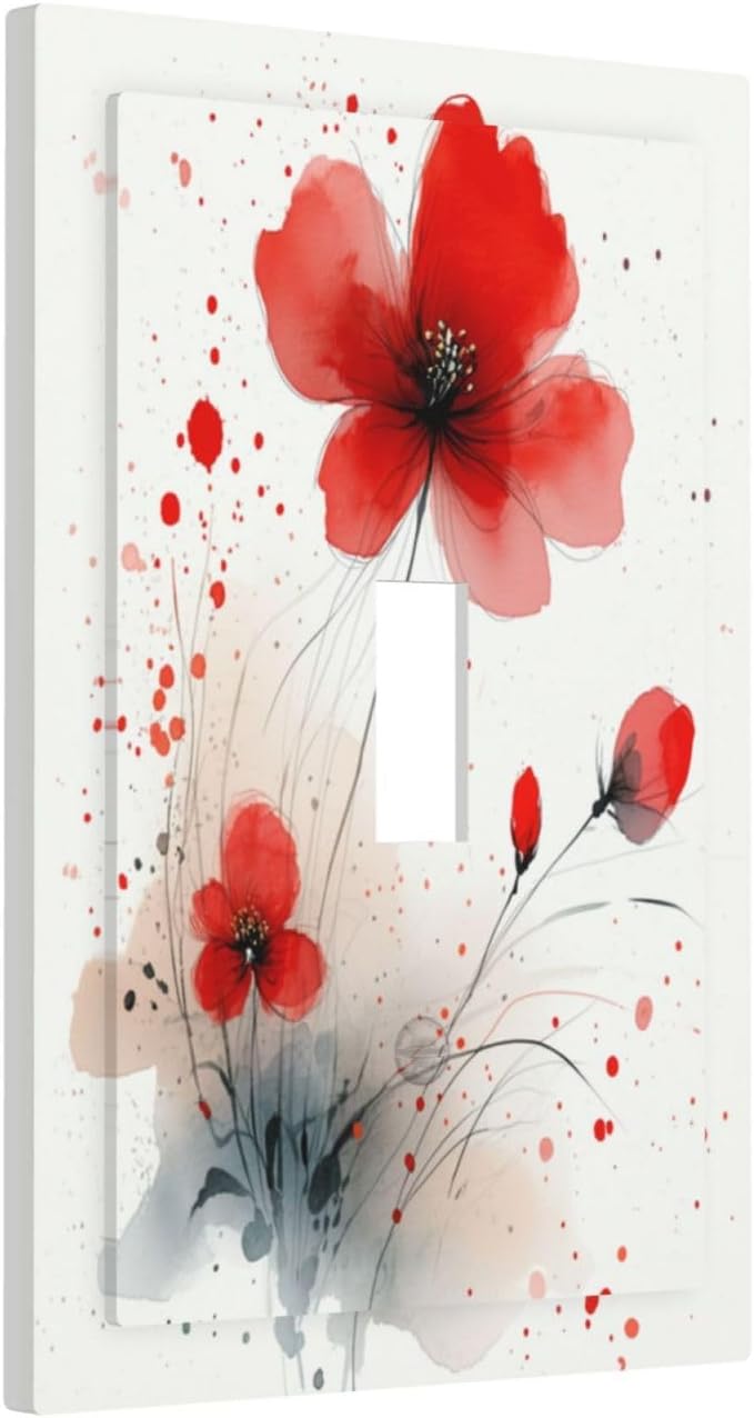 Vintage Watercolor Red Flowers Floral Decorative Light Switch Cover 1 Gang Single Toggle Decorator Outlet Wall Plate Device Electrical Faceplate Switchplates for Bedroom Bathroom Decor