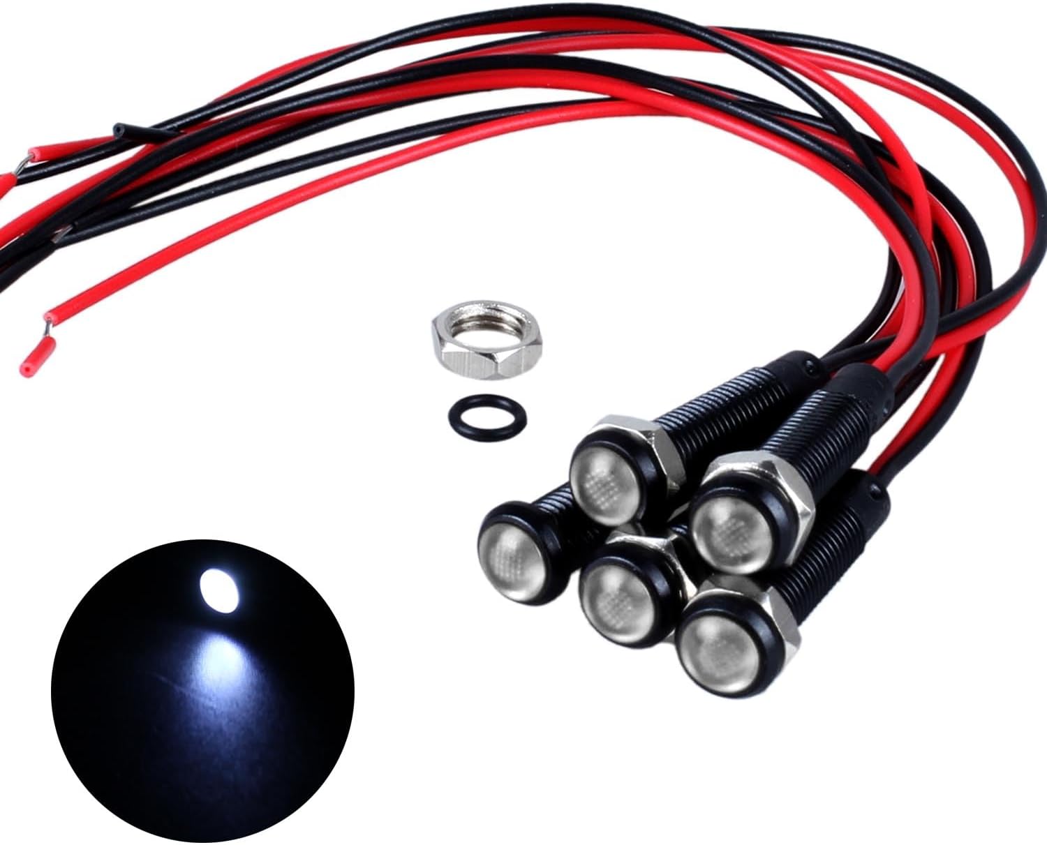 5pcs 6mm LED Indicator Light Plastic Black Signal Dot Lamp 110-220VAC 1/4" Mounting Hole Size with 15cm/5.9in. Wire (White LED)