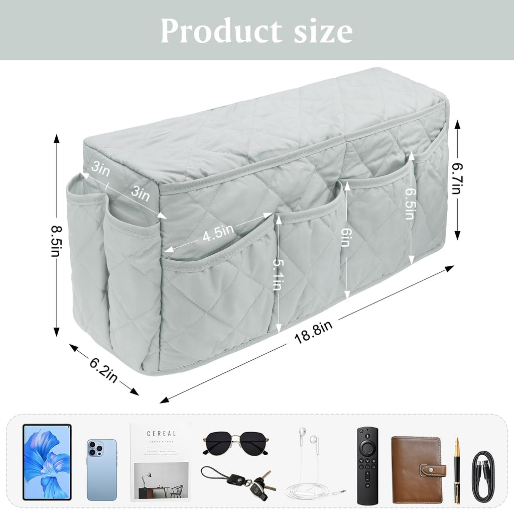 Remote Control Holder, Non Slip Bedside Armchair Caddy, Recliner Arm Caddy Armrest Organizer with 14 Pockets for Cell Phone TV Remote Control Magazines, Light Gray
