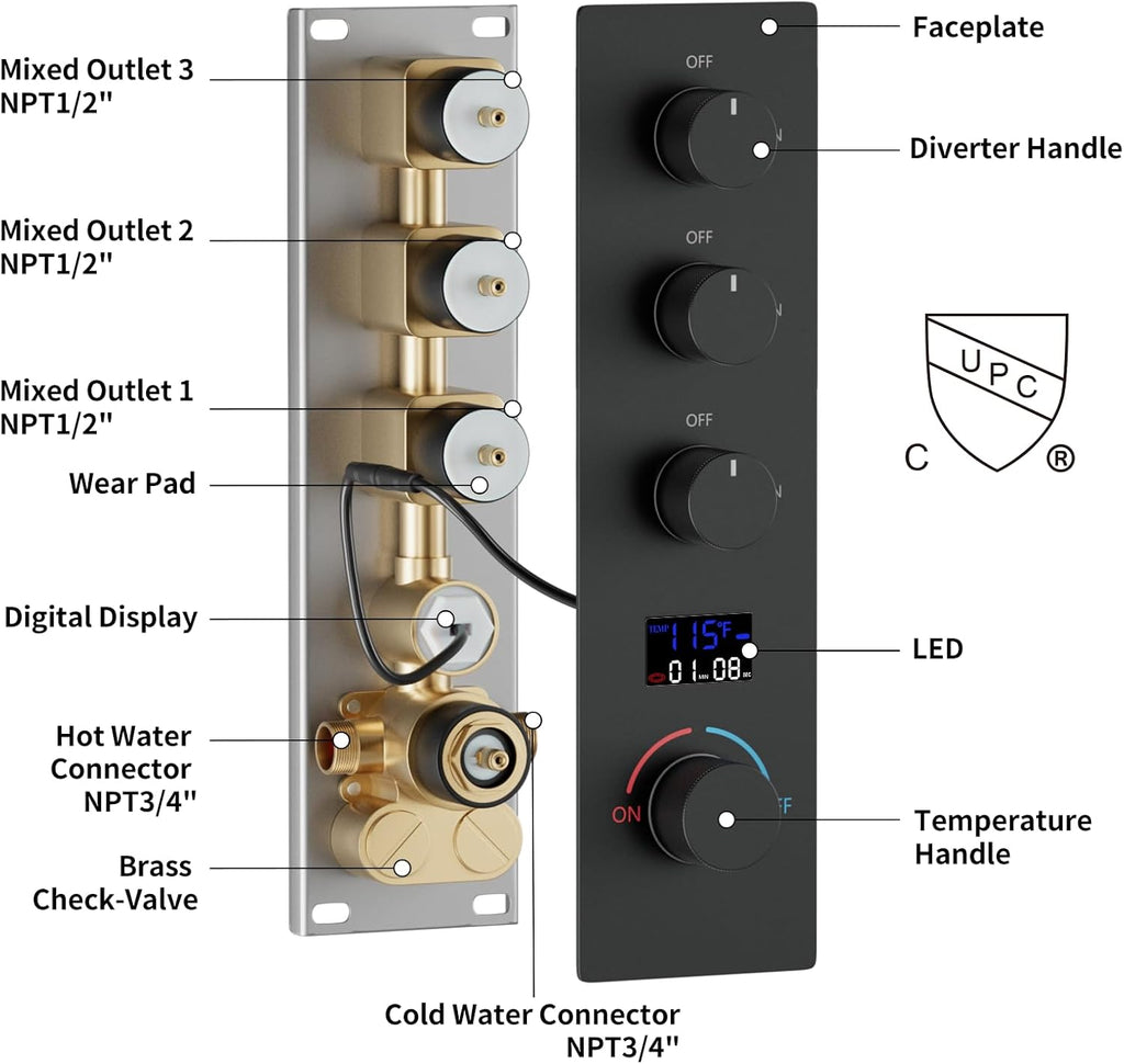 Brass Temperature Shower Diverter Valve Matte Black 3 Way Outlets Concealed Digital Display Shower Mixer Valve Kit Bathroom Shower Diverter On Off Flow Control Replacement Valve