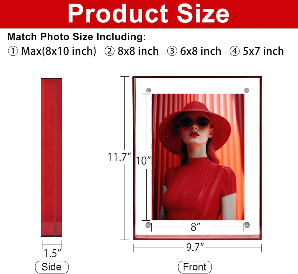 8x10 Picture Frame, Stunning Color Acrylic Photo Frames, Wall & Tabletop Display Frames, Modern Floating Style for Home Office Decoration, Red (1 Pack)