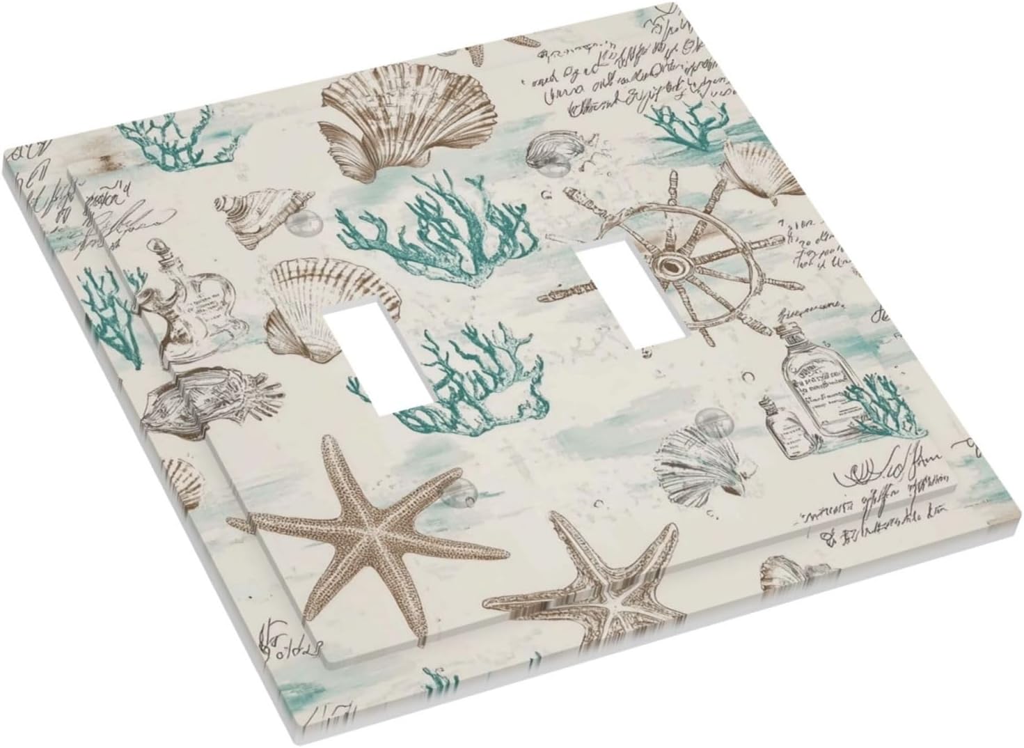 Mid Century Seashells Starfish Compass Decorative Switch Plates 2 Gang Double Toggle Outlet Light Switch Cover Wall Plate Electrical Faceplate For Nursery Kids Room Decor