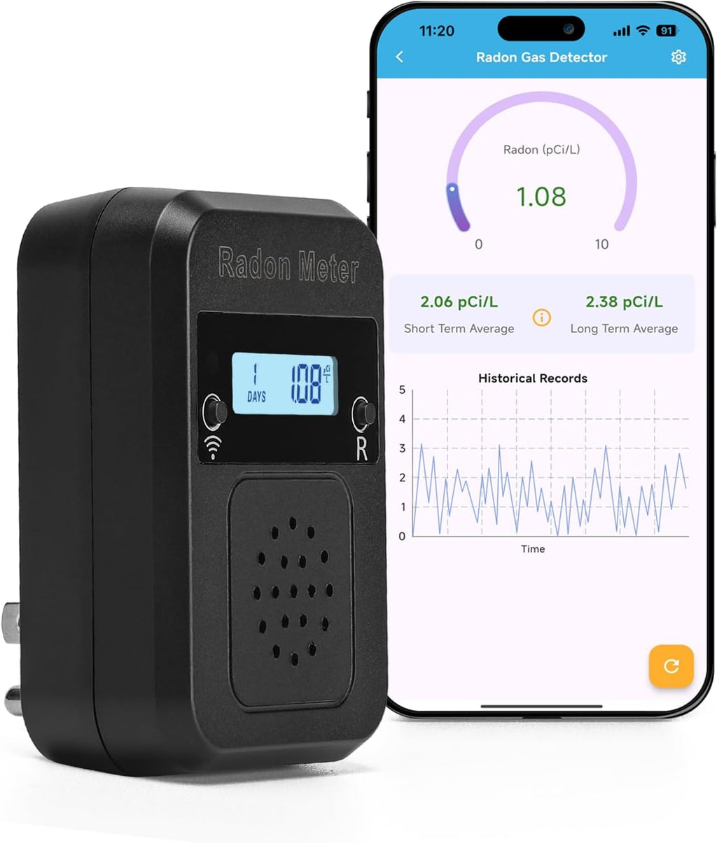 WiFi Home Radon Detector, Portable Radon Meter with Real-Time Short & Long-Term Monitoring, Plug-in Design, Instant Alerts & App Control, 2.4 & 5GHz Dual-Band WiFi Compatible
