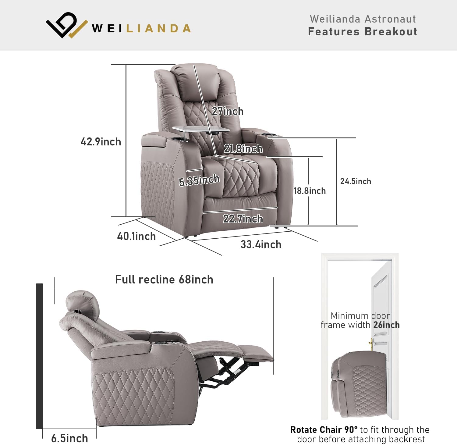 Weilianda Home Theater Seating Top Grain Leather Recliner Chair Power Headrest and Recline Movie Seats Gaming Sofa with Tray Table Type-C USB Charge Cup Holders Row of 1 Grey