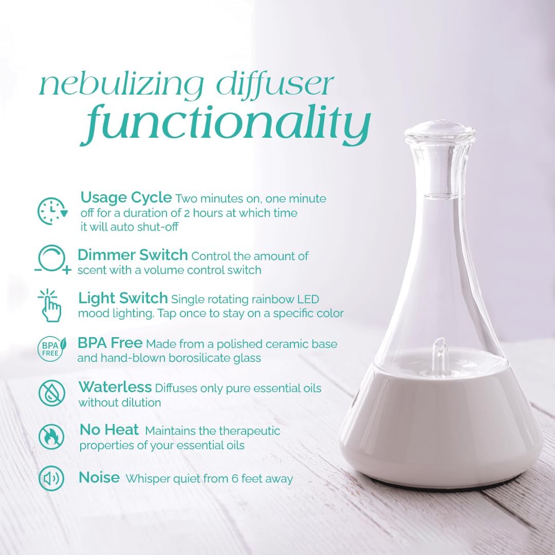 Opulence - Nebulizing Diffuser for Essential Oil/Aromatherapy with Pink Floral Ceramic Base and Pink Hand-Blown Glass with Touch Sensor Light Switch - No Heat, No Water, No Plastic