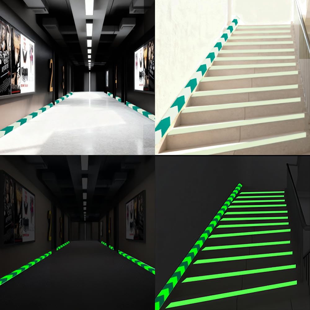 Arrow Glow in The Dark Tape - 15 Ft x 2 in - Rechargeable Glow Tape in The Dark - Safety Warning Tape, Night Decorations, and Home Marking (GreenArrow)