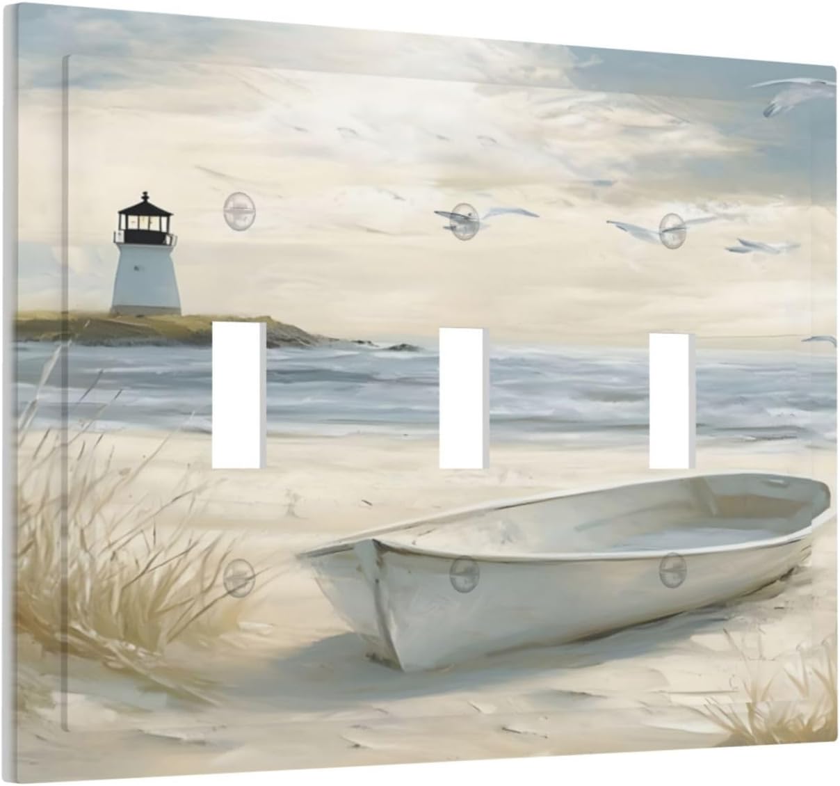 Decorative Light Switch Plate Covers Seascape Painting with Lighthouse Boats 3 Gang Artistic Wall Plate Unique Triple Toggle Light Switch Covers for Bedroom Home Decor